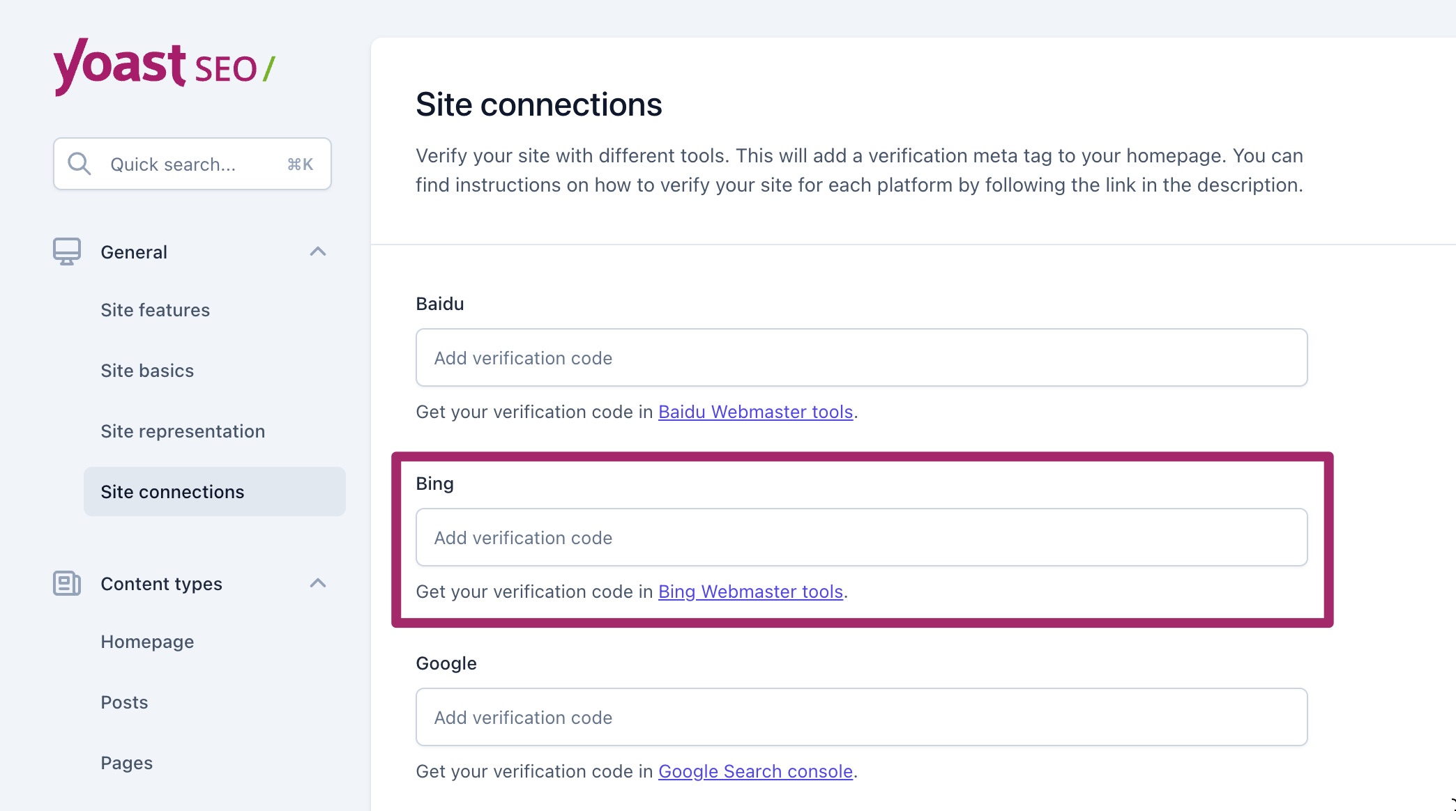 Screenshot of the Site connections settings in Yoast SEO, highlighting the Bing input field.