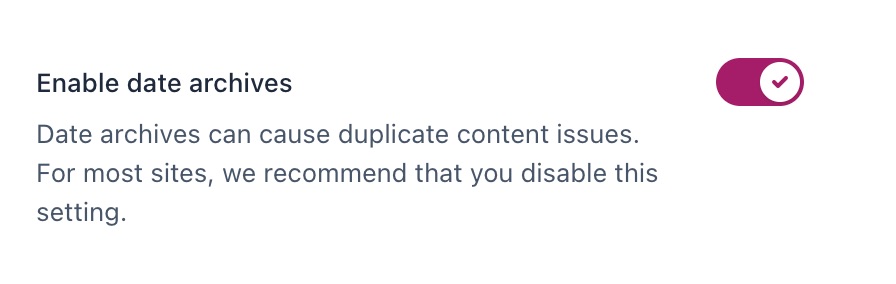 Screenshot showing the toggle to enable or disable date archives in Yoast SEO