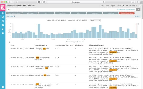 An example of filtering for the word "SEO" within our Googlebot hits in our ELK stack