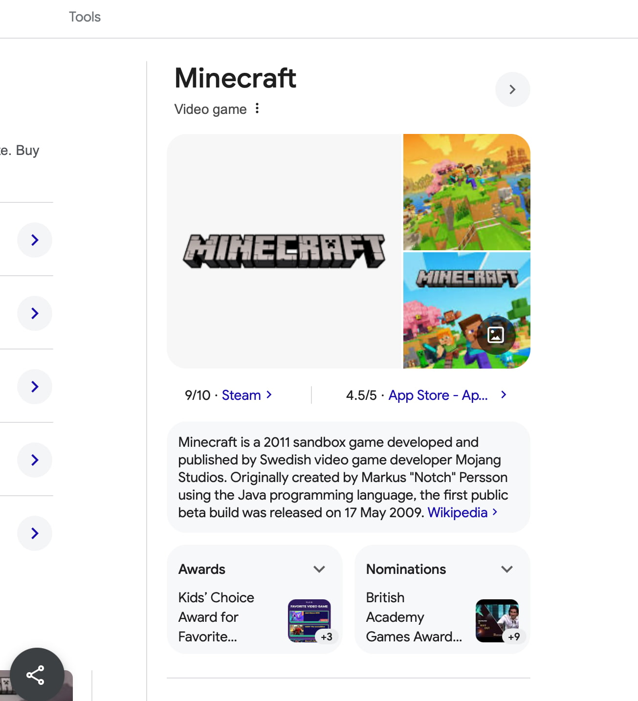 an example of a serp feature known as a knowledge graph panel, this case about minecraft