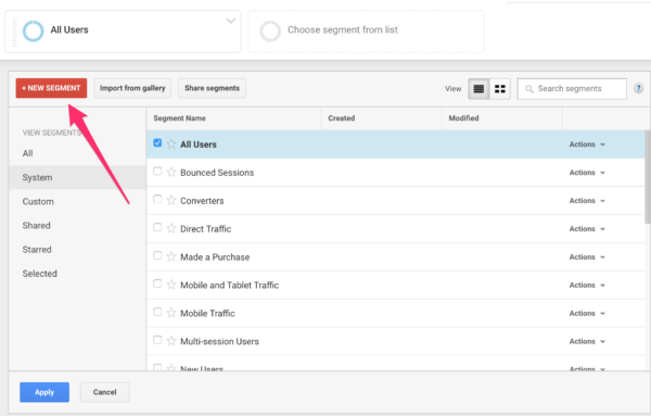 Click on New Segment in Google Analytics
