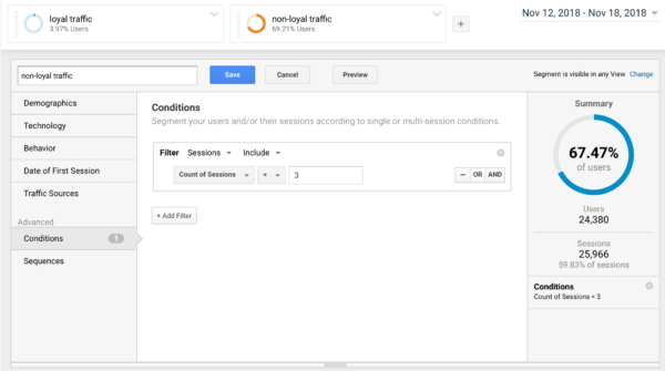 Building a non-loyal segment in Google Analytics