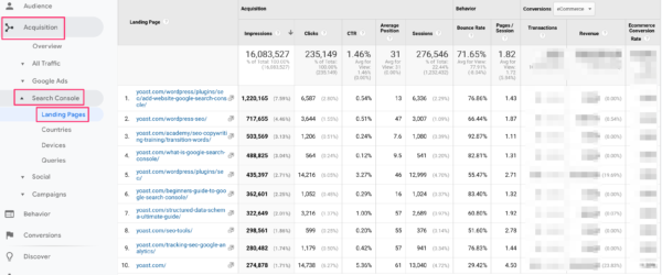 Google Search Console data in Google Analytics