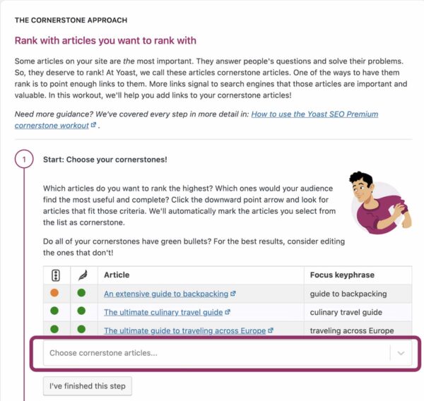 choose cornerstone articles in first step Yoast SEO workout