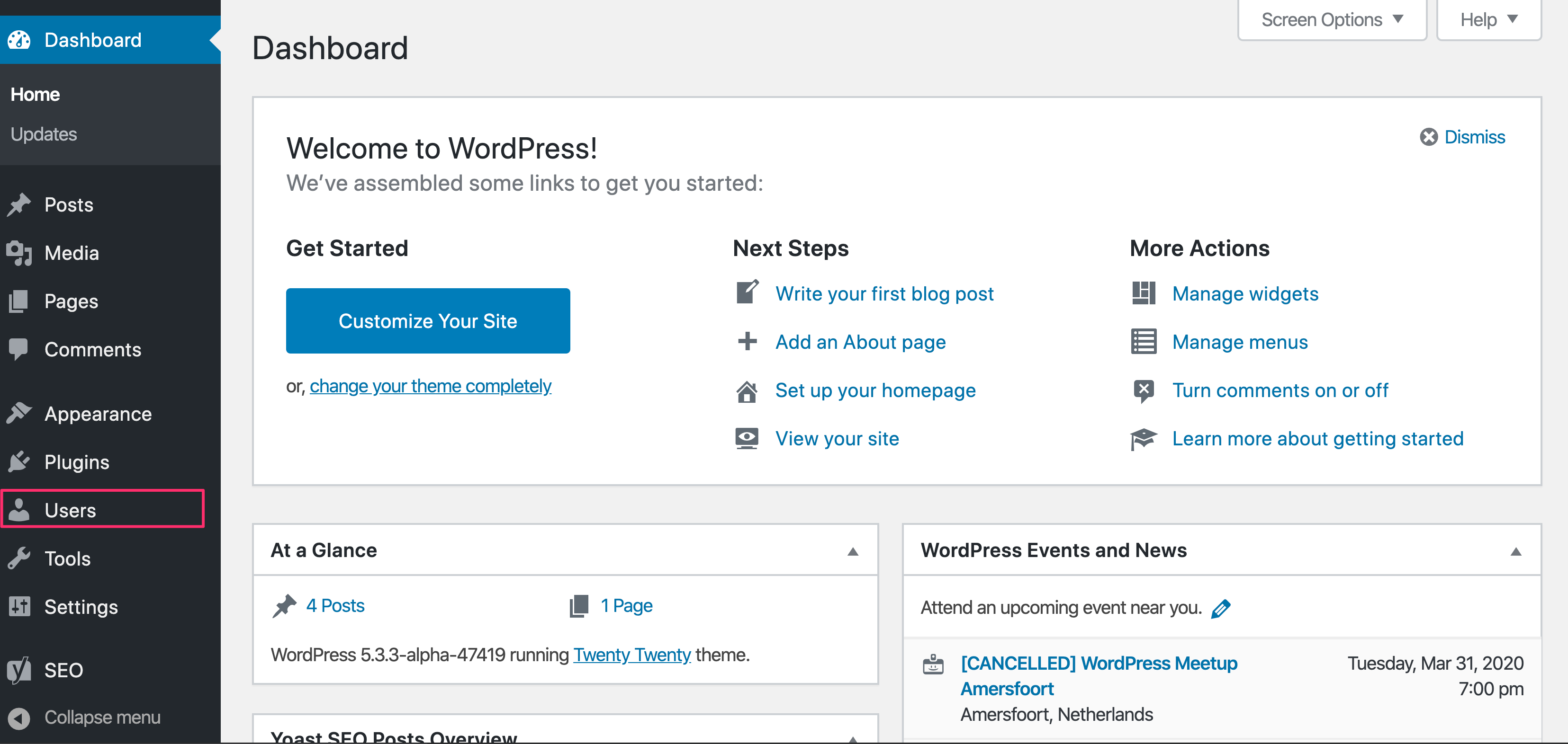 The users admin menu in WordPress