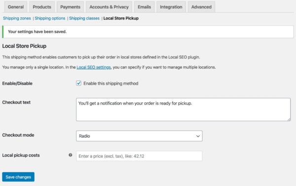 WooCommerce local pickup settings