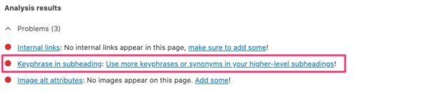 A screenshot of the SEO tab in Yoast SEO with a highlight on the Keyphrase in subheading check.