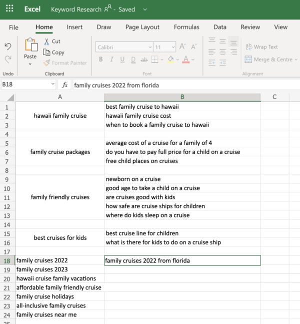 An example of how your keyword research sheet might look with long-tail keywords added