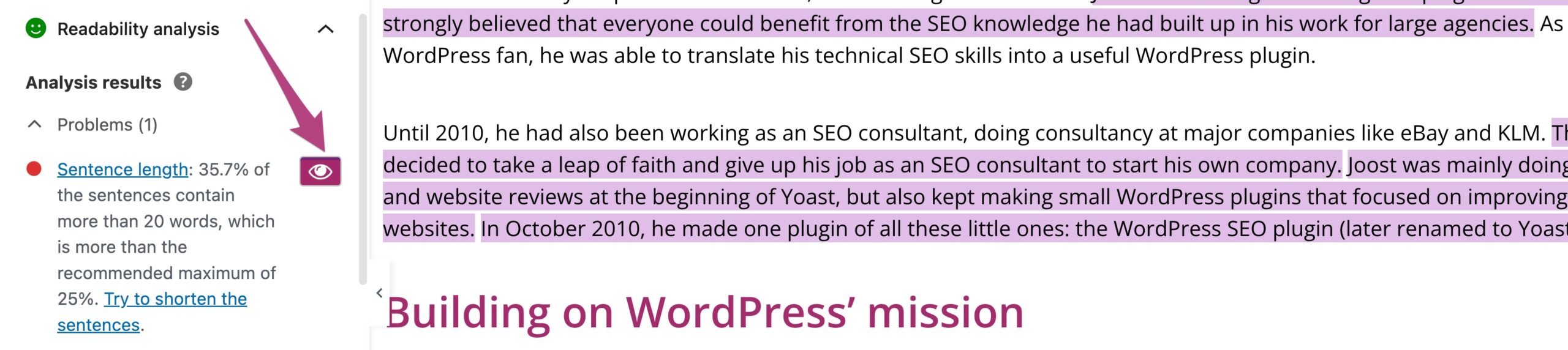 Screenshot of the readability analysis in Elementor, with an arrow pointing to the eye icon
