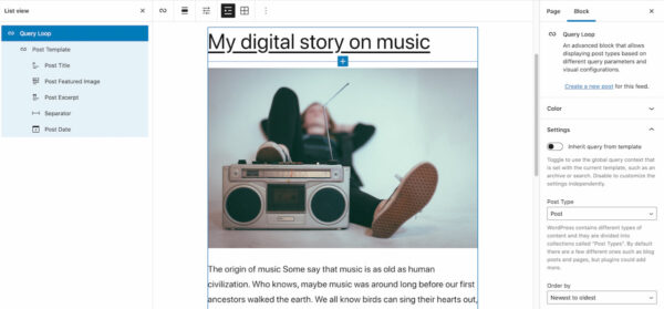 WordPress 5.8: screenshot of new query loop block