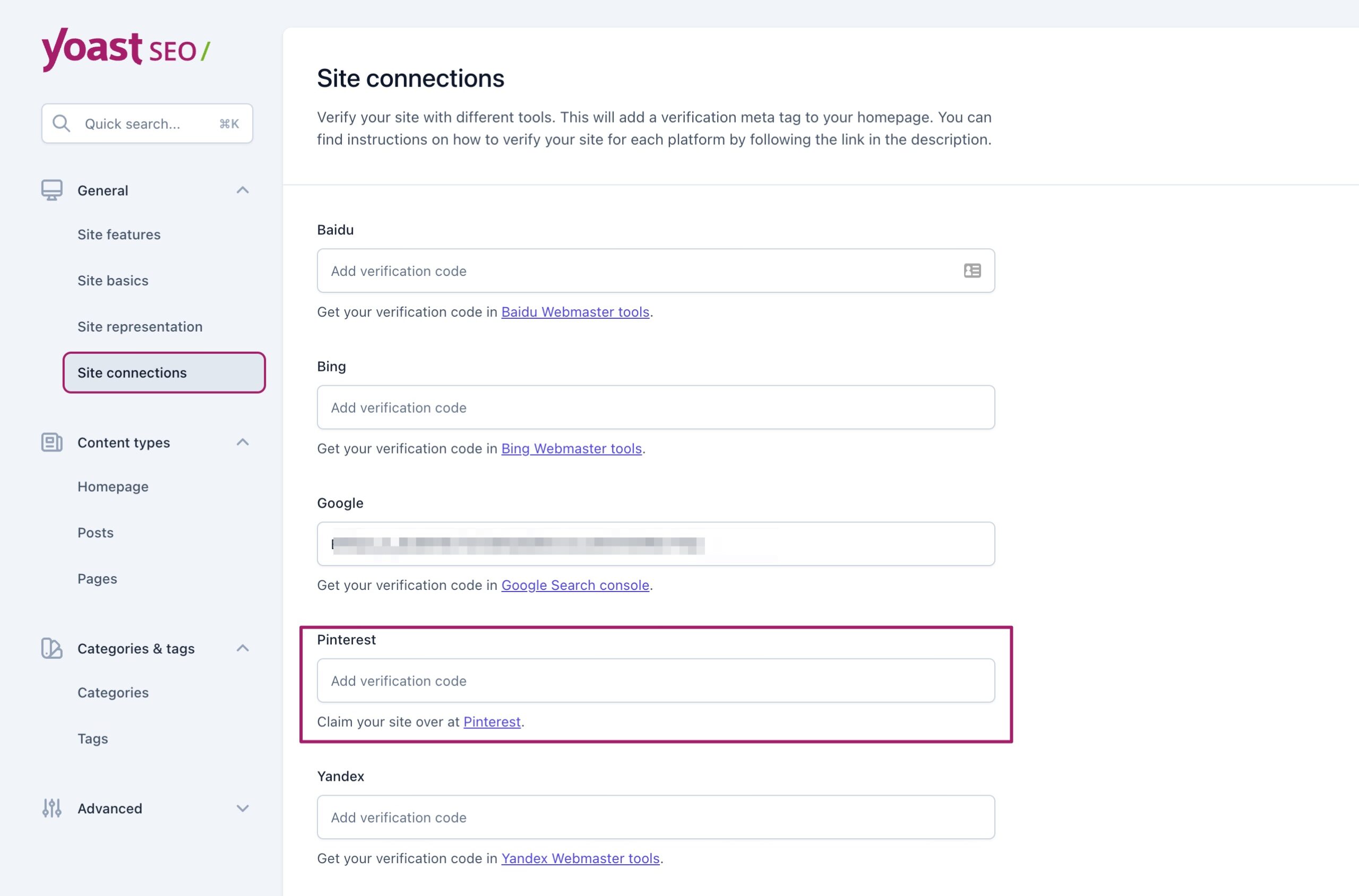 highlighting the field to add Pinterest connection