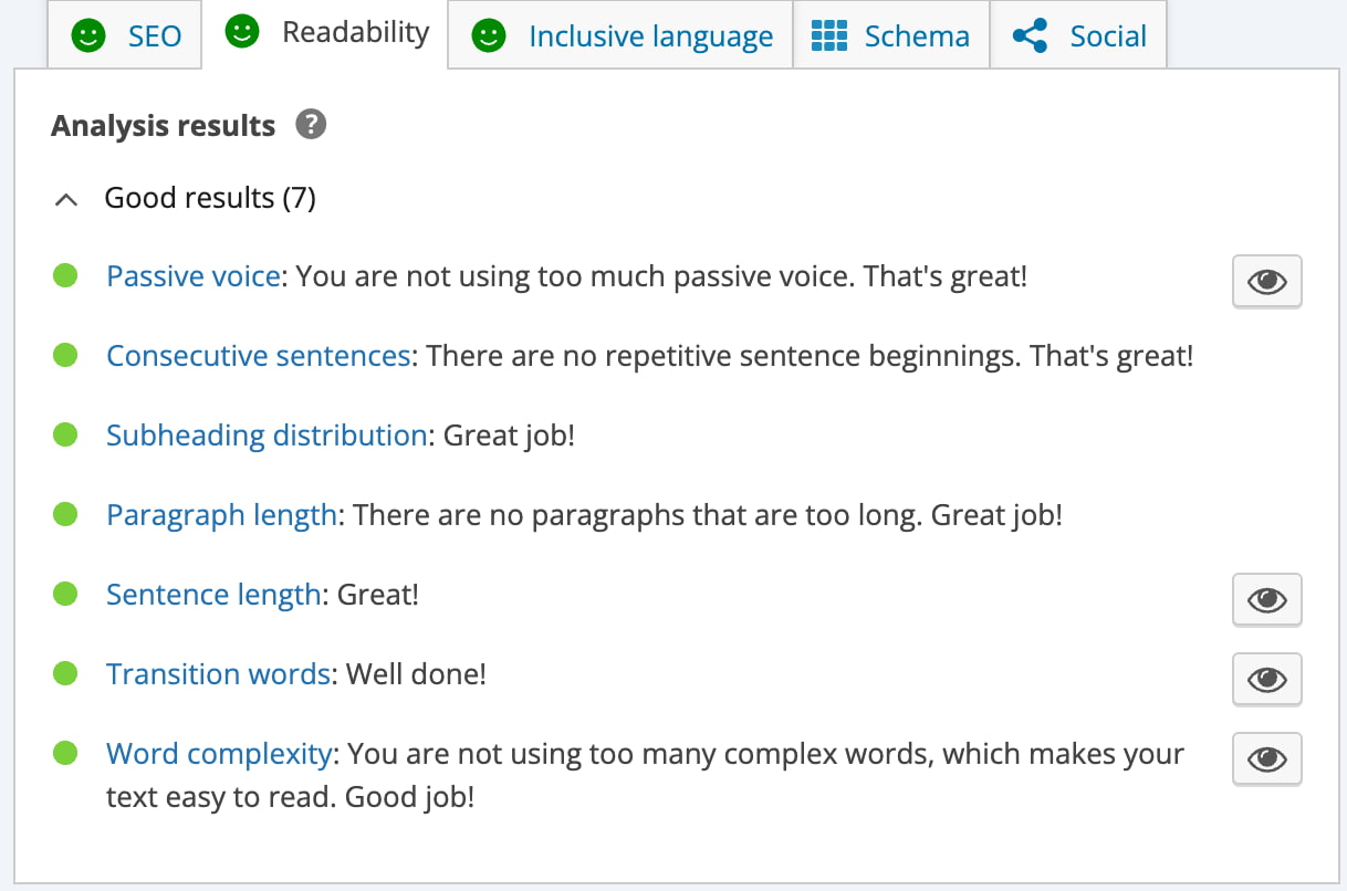 the Yoast SEO readability analysis in the WordPress meta box shows all green traffic lights for an article