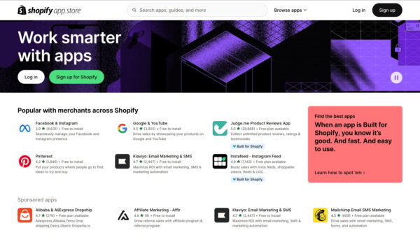 the shopify app store with a selection of popular apps for merchants
