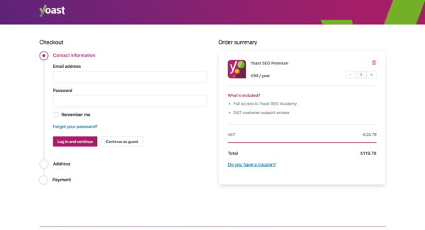 the shopping cart of yoast.com which is powered by WooCommerce