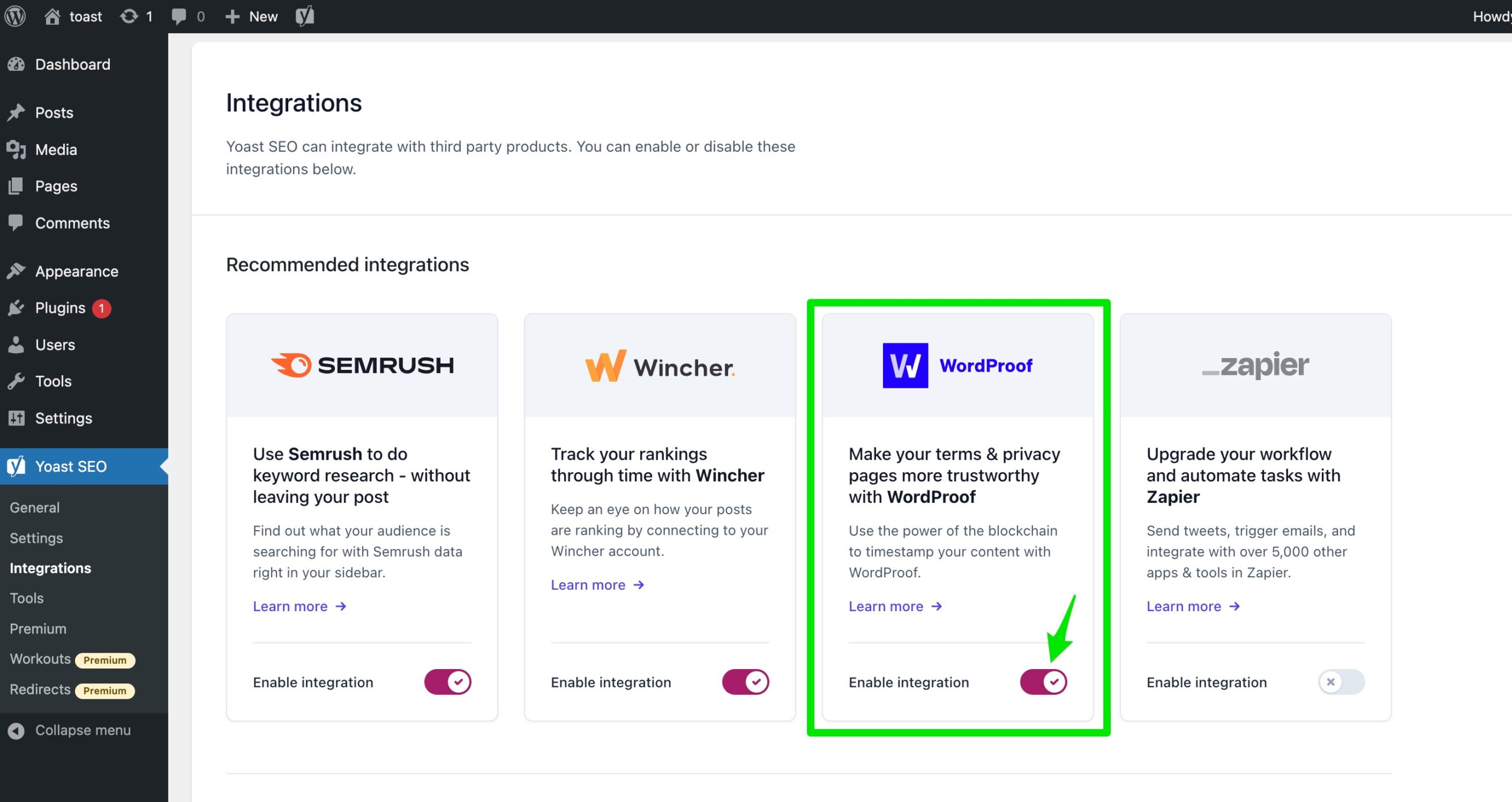 Screenshot of the integrations settings in Yoast SEO, highlighting the WordProof integration box