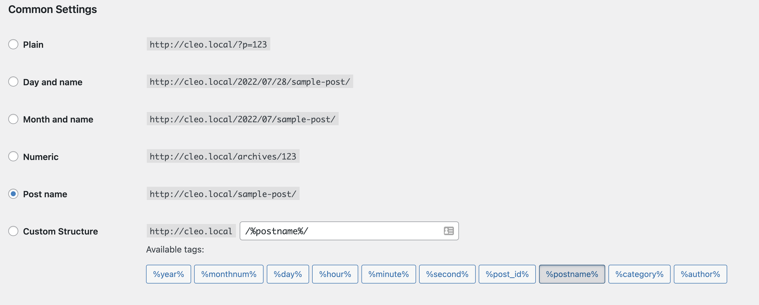 The WordPress Permalink Settings controls