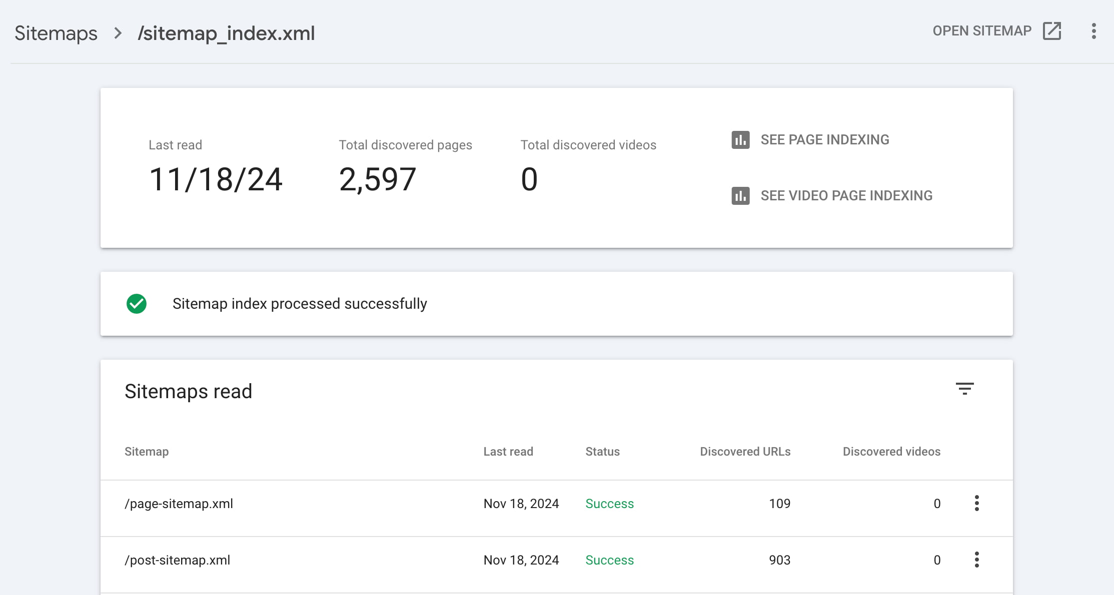 google search console showing the status of your xml sitemaps