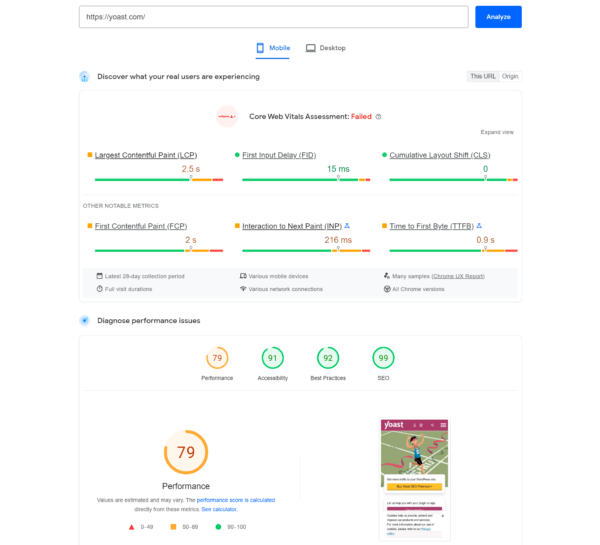 This is a screenshot of a page audit in PageSpeed Insights. It shows you the Core Web Vitals score of a page and other metrics such as First Contentful Paint, Interaction to Next Paint and Time to First Byte.