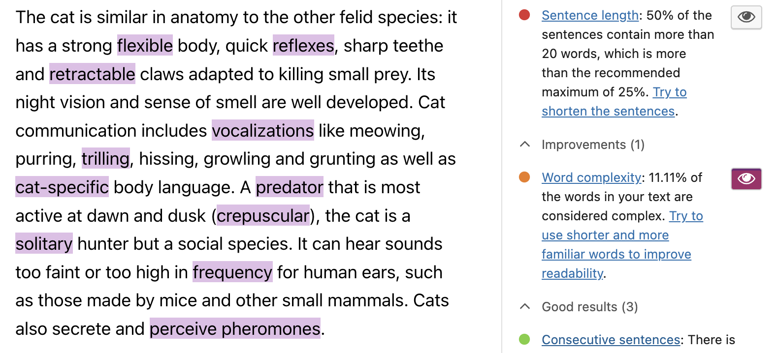 Example of highlighted complex words in a piece of text