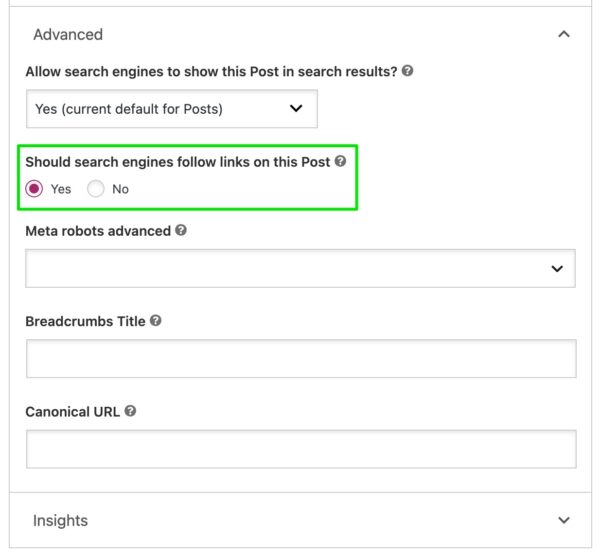 Screenshot of the Advanced section of the Yoast SEO metabox, highlighting the setting "Should search engines follow links on this Post?"