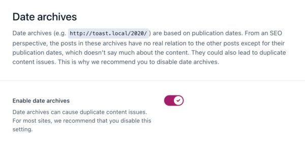 Screenshot of the Enable date archives toggle in the Yoast SEO settings. 