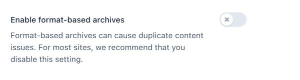 Screenshot of the "Enable format-based archives" switch in the Yoast SEO settings