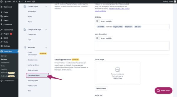 Screenshot of the Format archives settings in Yoast SEO. 