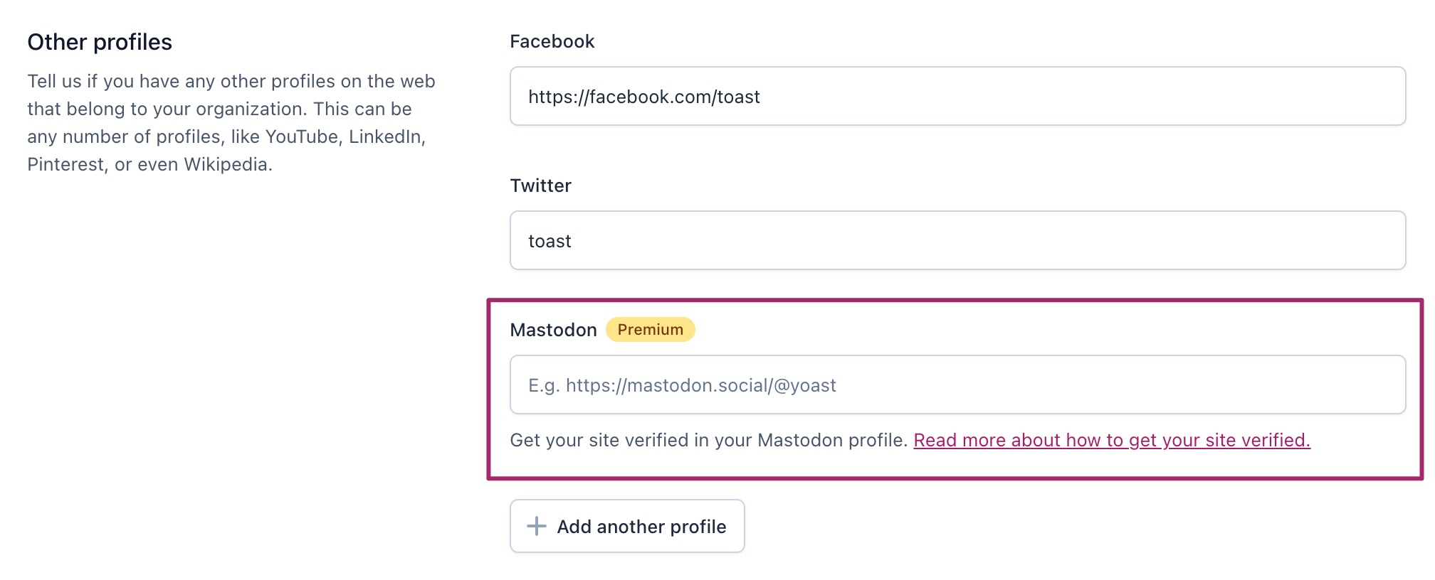 Screenshot of the Mastodon field in the Yoast SEO Site representation settings