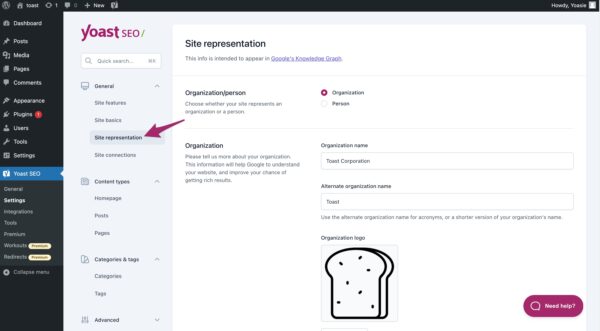 Screenshot of the Site representation settings in Yoast SEO