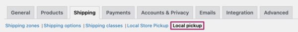 Screenshot of the Local pickup option in the WooCommerce settings