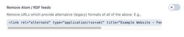 screenshot of the "Remove Atom/RDF feeds" toggle in the crawl optimization settings in Yoast SEO
