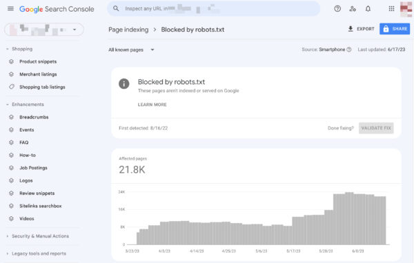 the page indexing dashboard in google search console showing the number of page blocked by robots.ts