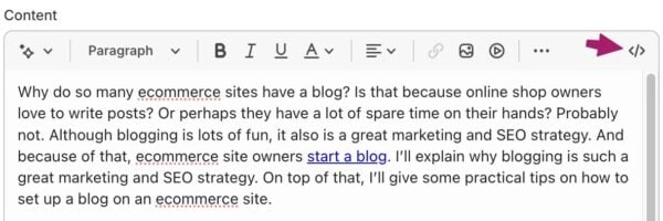 editing the text in html in shopify using the icon on the top-right hand side