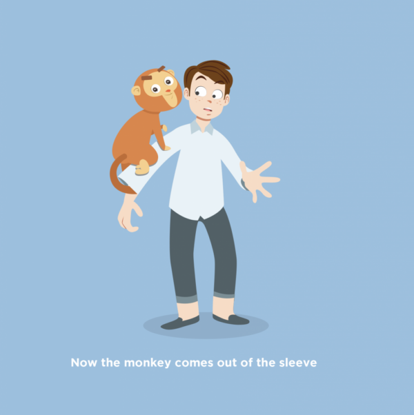 Illustration of a white man with a monkey on his arm. Text on the image says: now the monkey comes out of the sleeve.