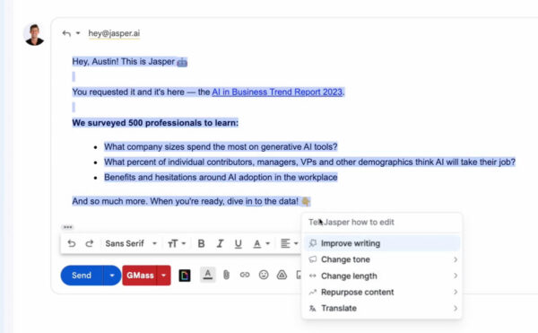 screenshot of AI tool Jasper used in Gmail