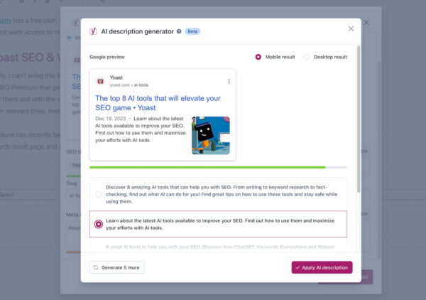 screenshot of AI tool Yoast SEO