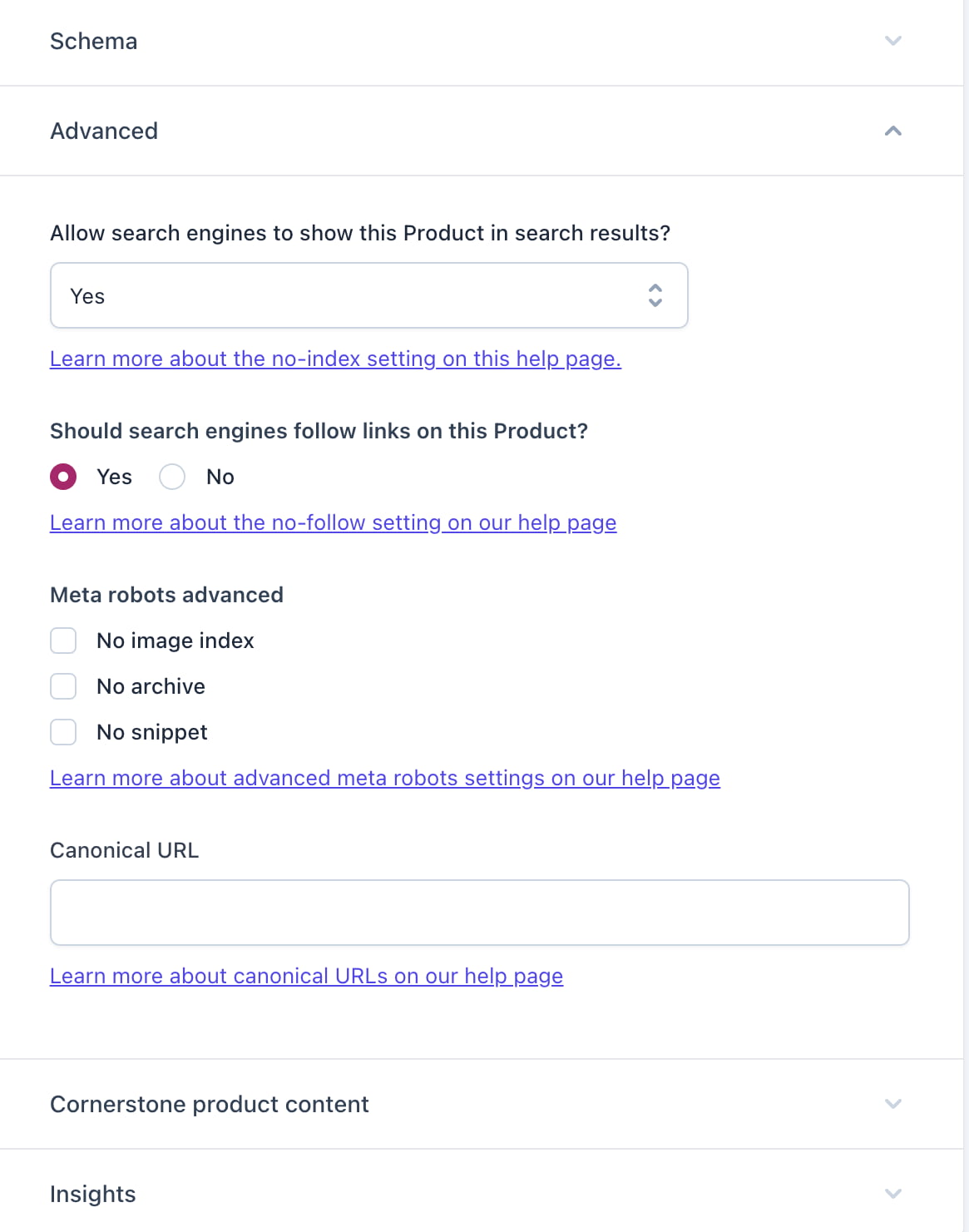 the advanced settings help Yoast SEO for Shopify set up what goes into the XML sitemap