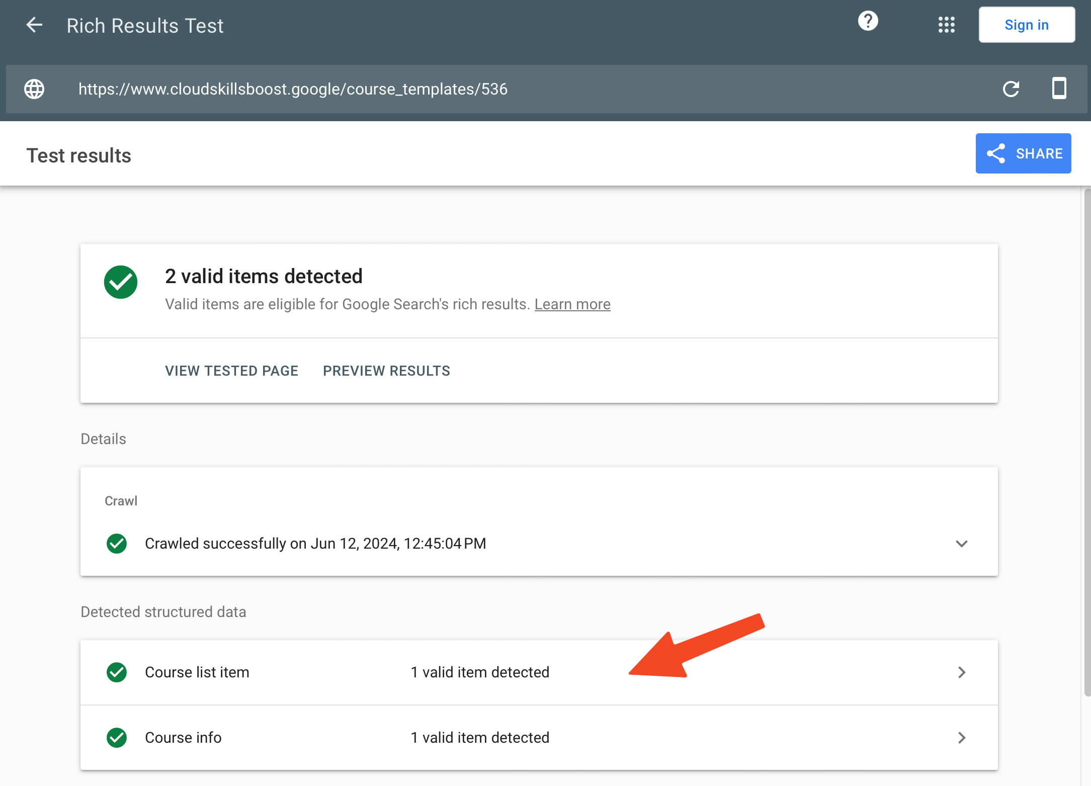 an example of a valid rich result for courses in the Rich Results Test interface