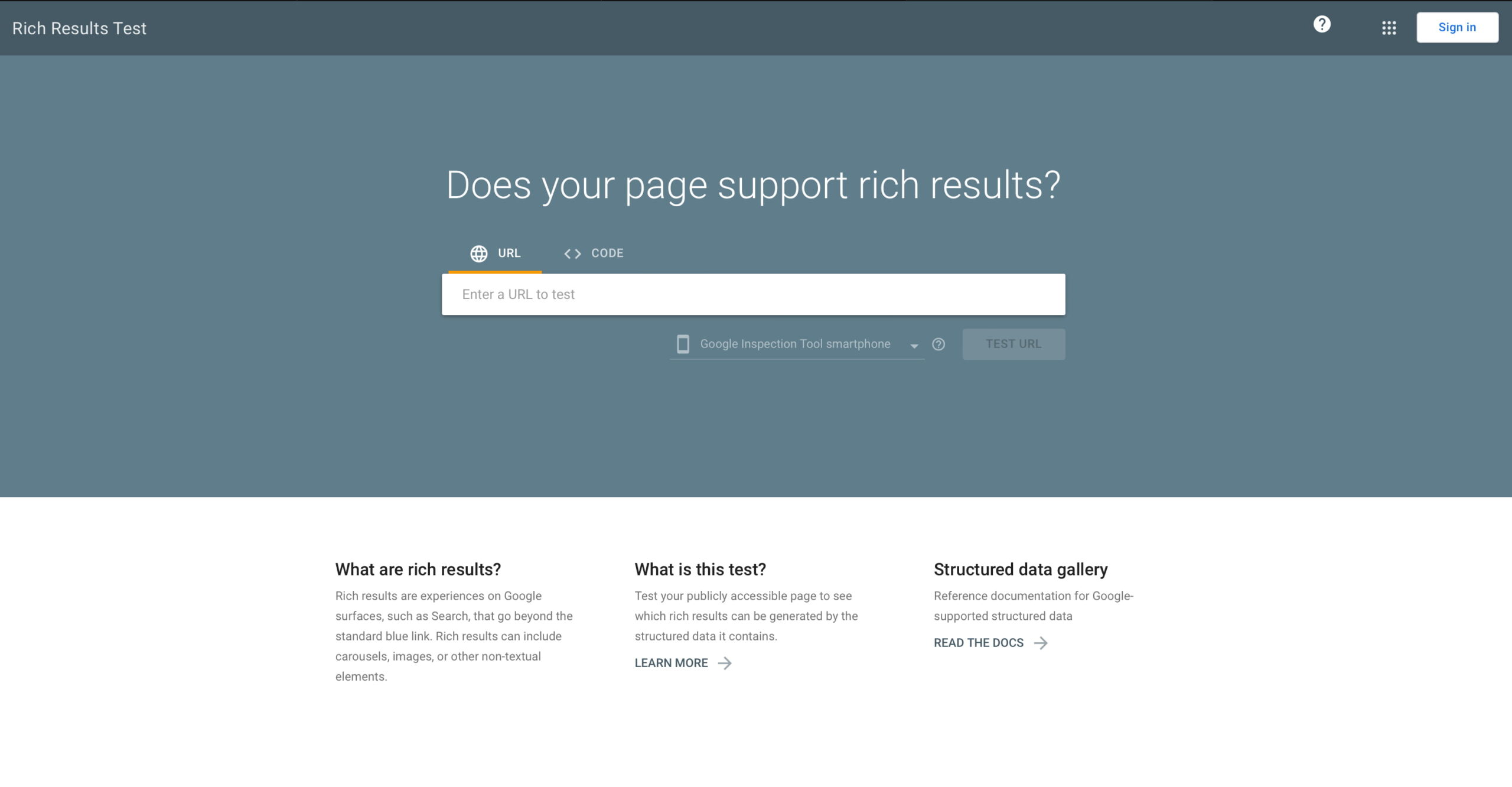 the homepage of the Rich Results Test with a big white bar to fill in the URL to test