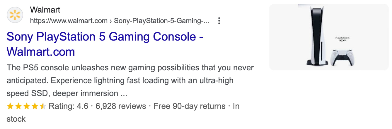 an example of a google search result for a product, in this a listing of a PlayStation 5 sold by Walmart