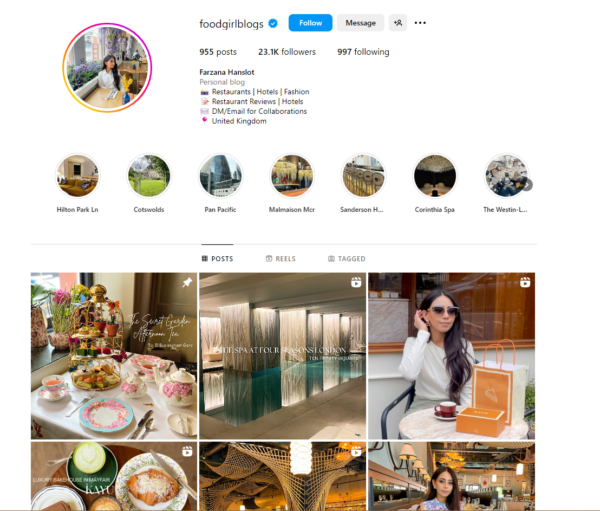 Screenshot of the Instagram account of foodgirlblogs. She has 23 thousand followers. Her pictures are of food and herself.