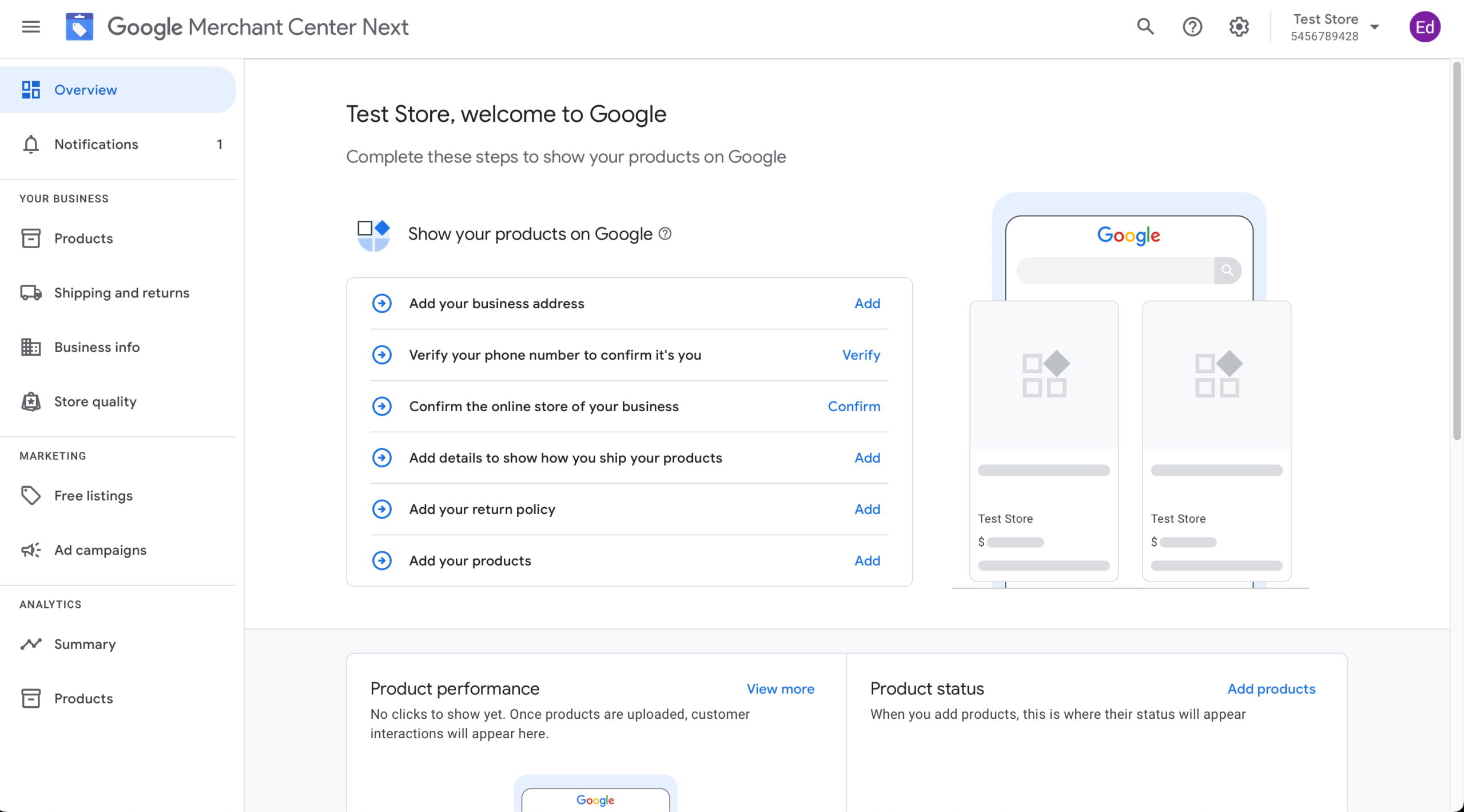 an image showing the new overview page in google merchant center 