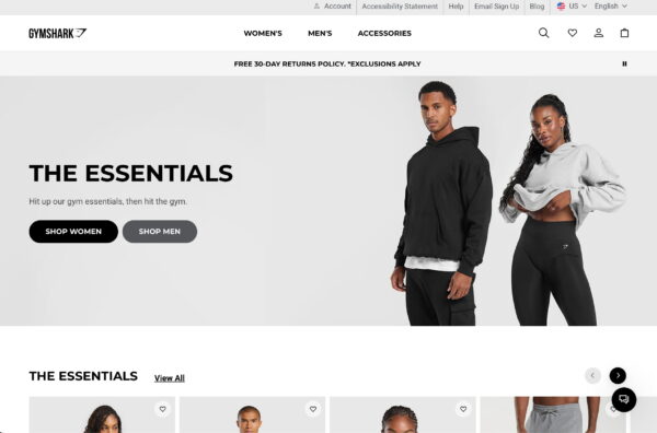 the homepage of gymshark.com as an example of a successful site that started with dropshipping