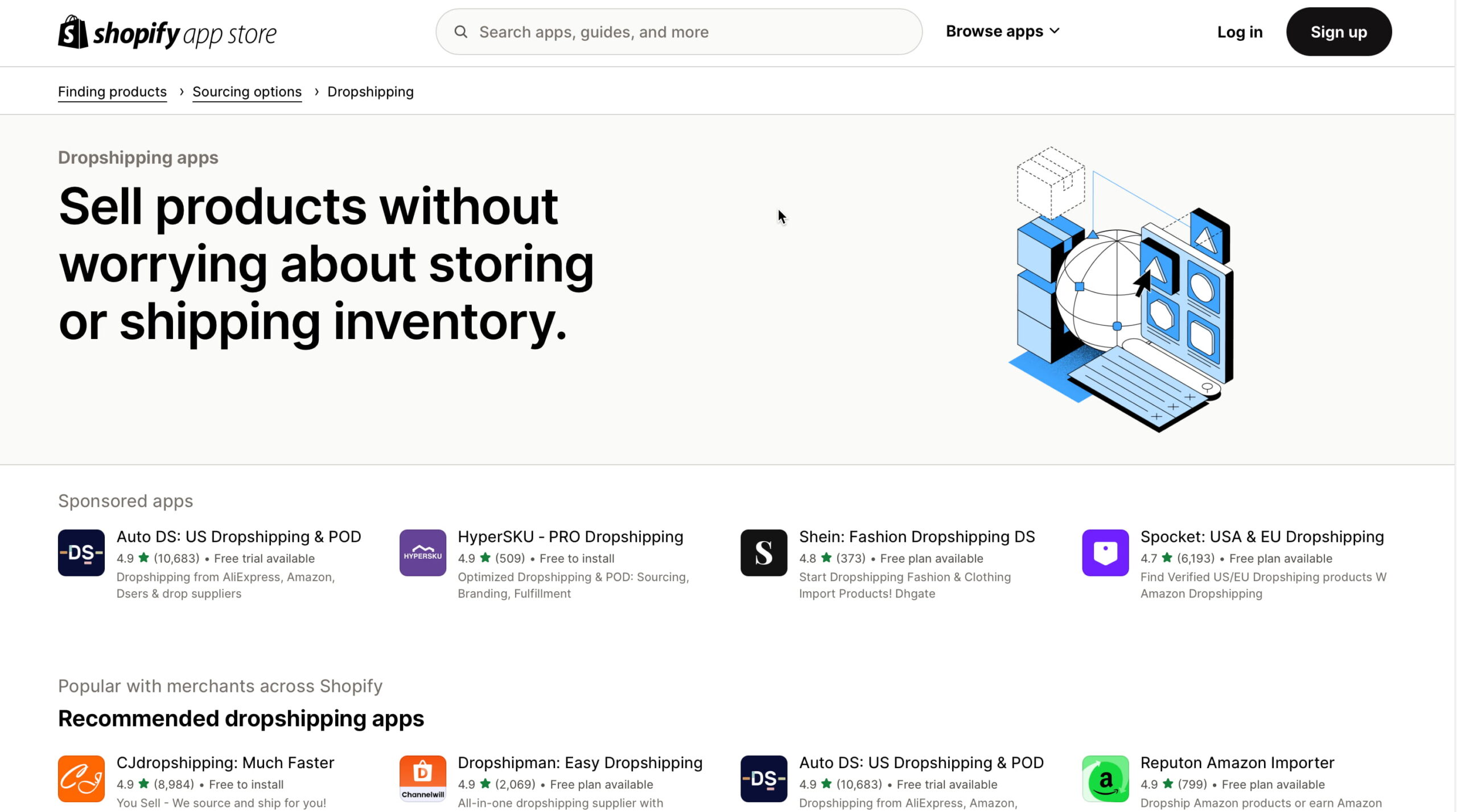 shopify app store showing a selection of dropshipping apps