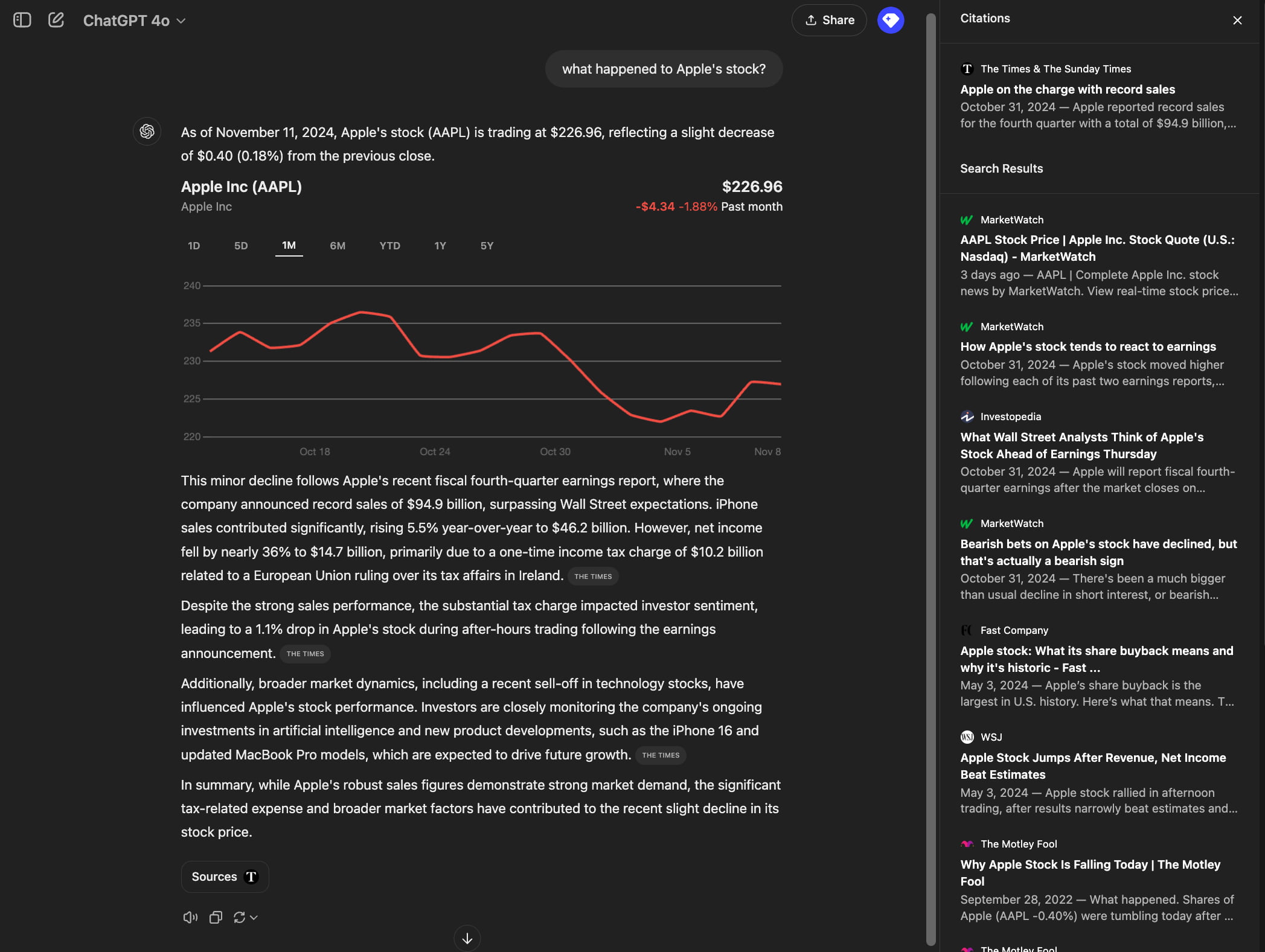 chatgpt search showing an example of news about apple stocks, including a graph