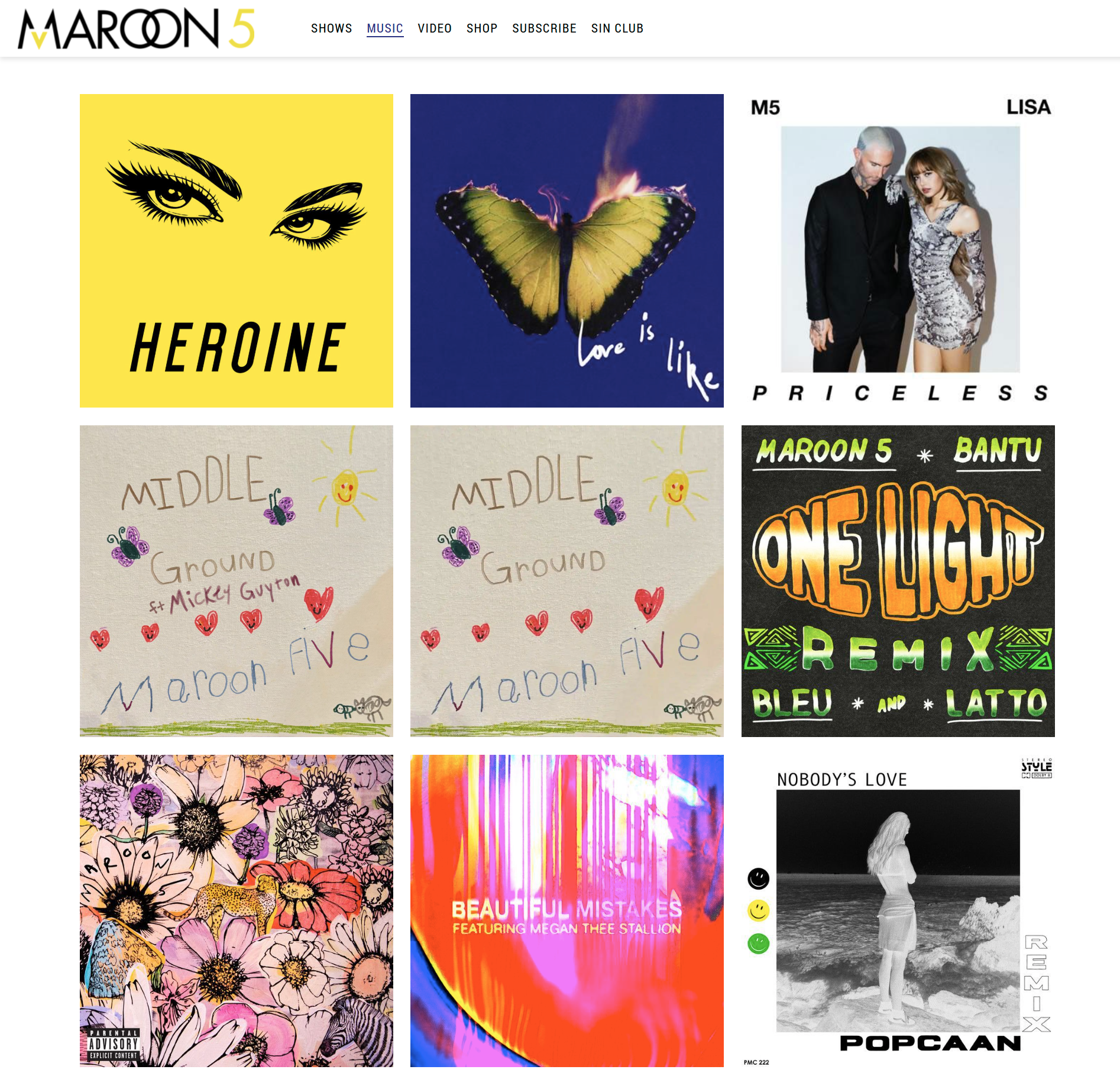 Maroon 5's website lists all shows, music, and more on their website